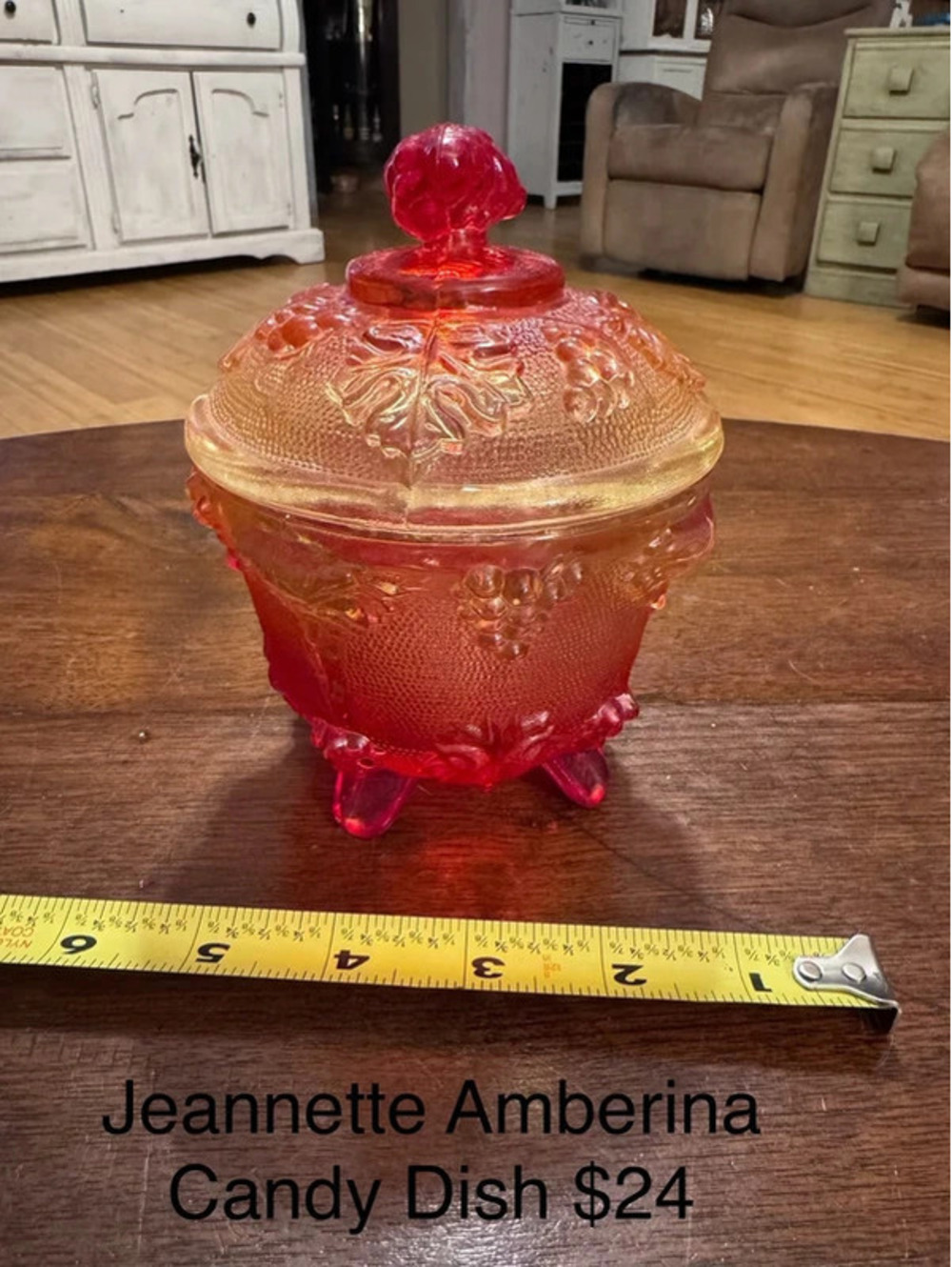 1960s Jeanette Amberina footed dish with lid
